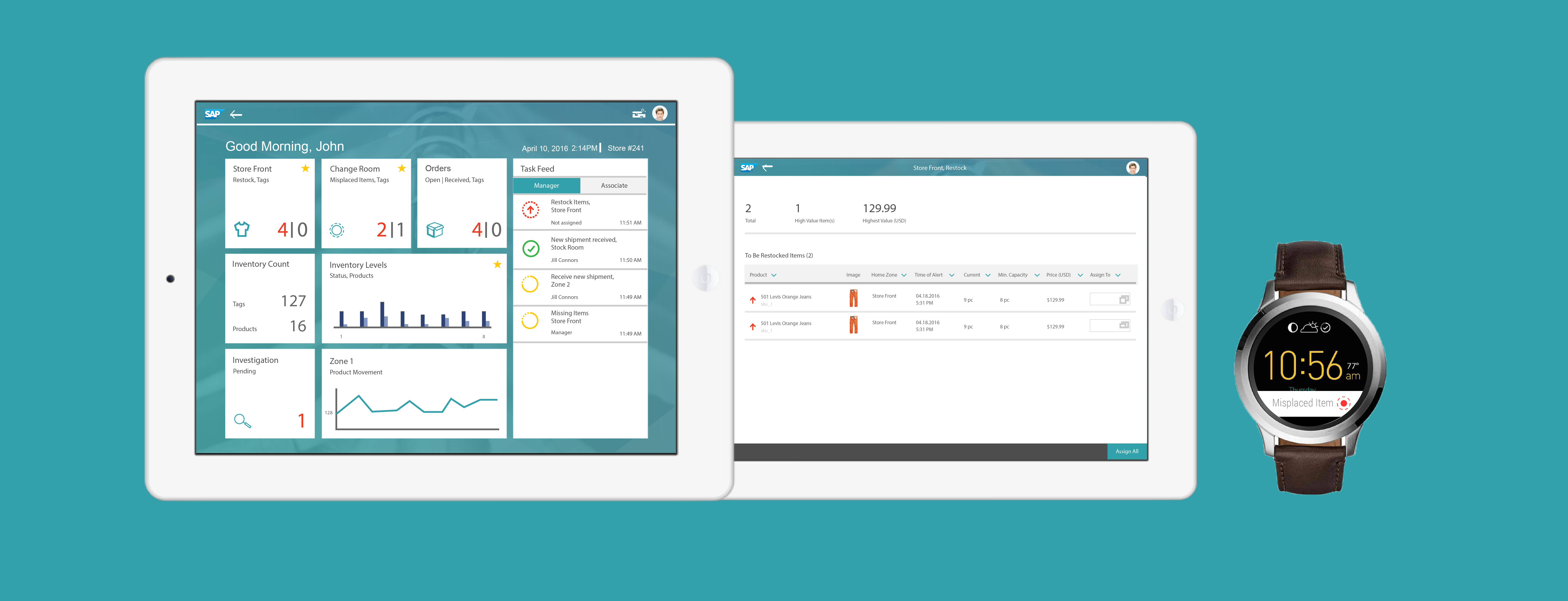 SAP Smart Retail Inventory nanager's dashboard and Fossil Q watch displaying misplaced items notification